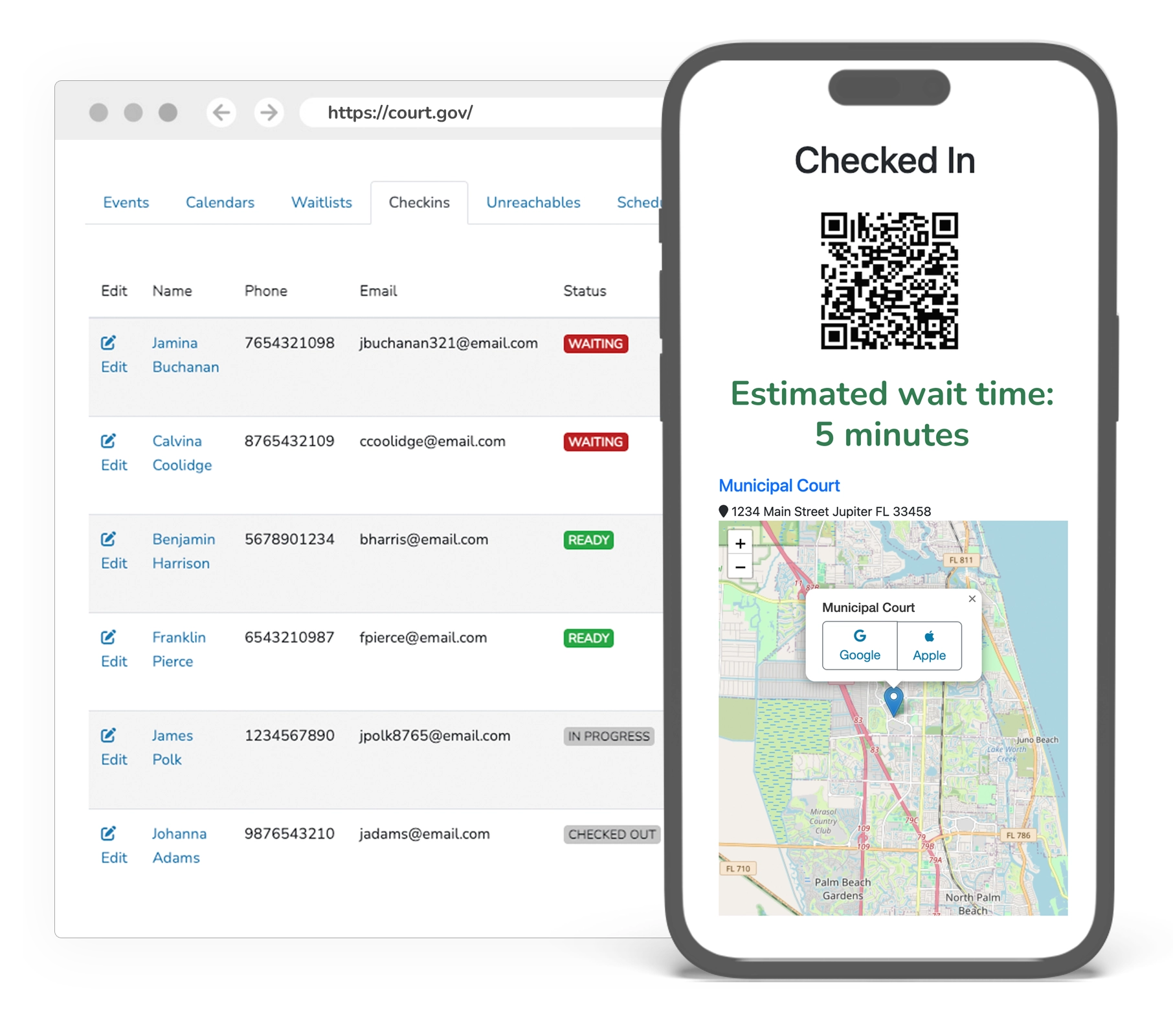 Jail intake and supervision check-in interface showing booking intake workflow, magistration status, and post-release supervision tracking