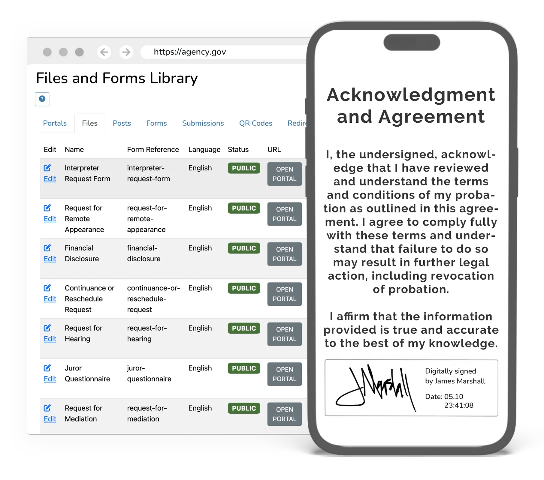 Court electronic filing interface showing a public files and forms library alongside a digitally signed acknowledgment and agreement on a phone