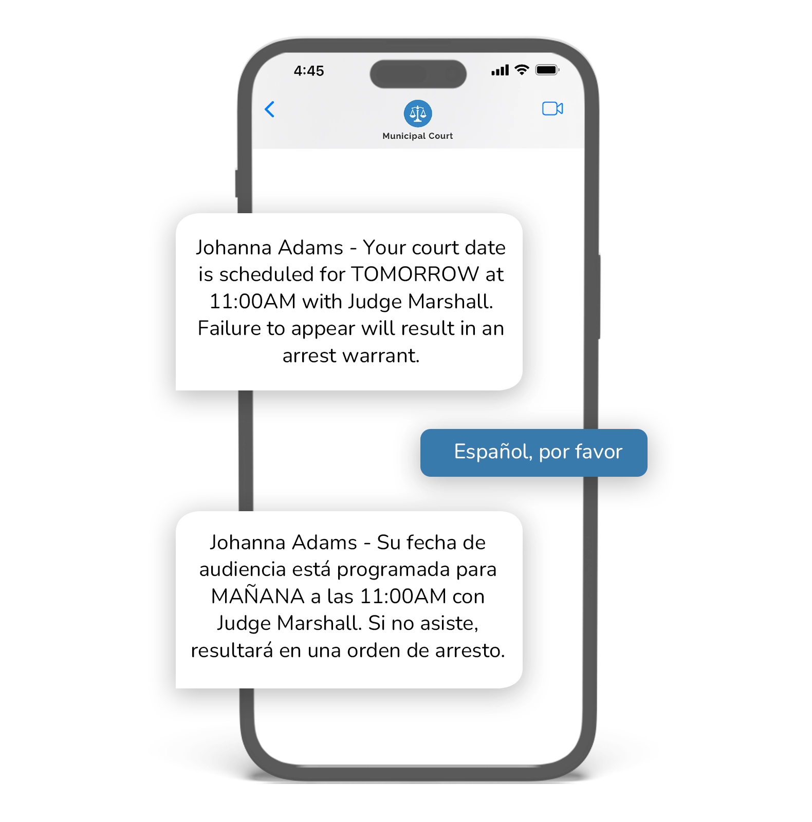 Multilingual court reminder messaging dashboard showing behavioral SMS, email, and voice notifications by case, language, and delivery channel