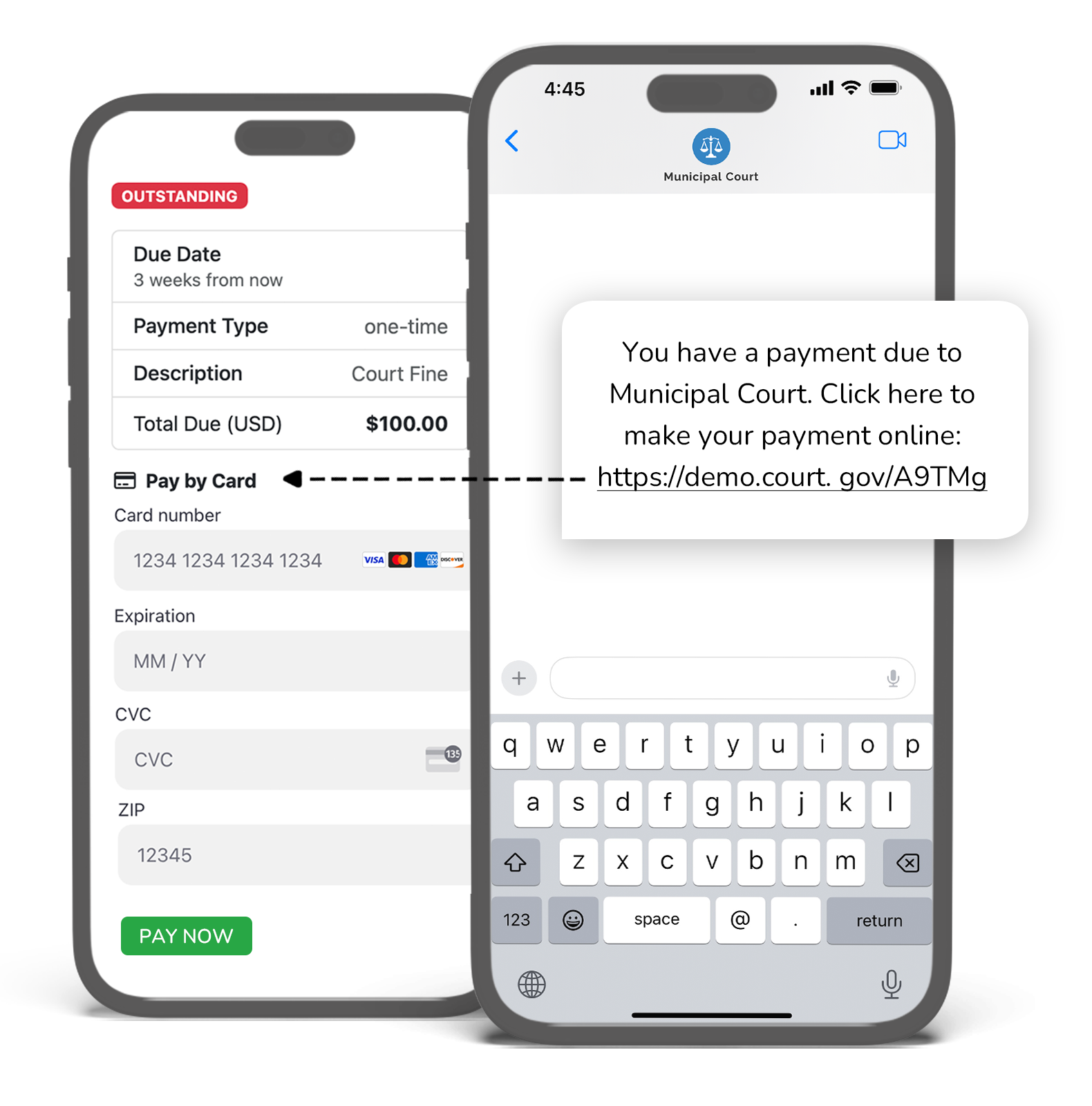 Court fines and fees payment notification dashboard showing balance reminders, payment plan tracking, and collection status by case type