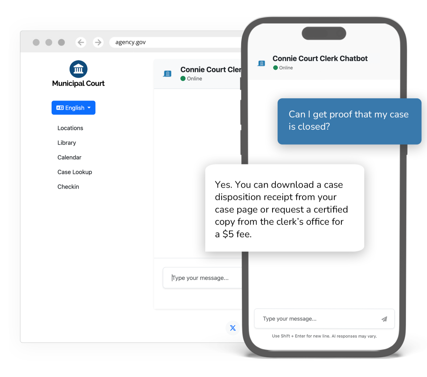 AI court clerk chatbot interface answering case status and procedure questions in multiple languages
