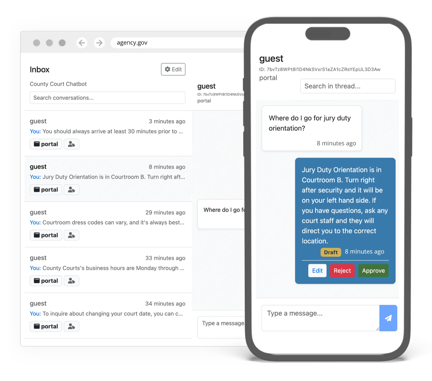 AI chatbot inbox interface handling court case inquiries and case status questions automatically