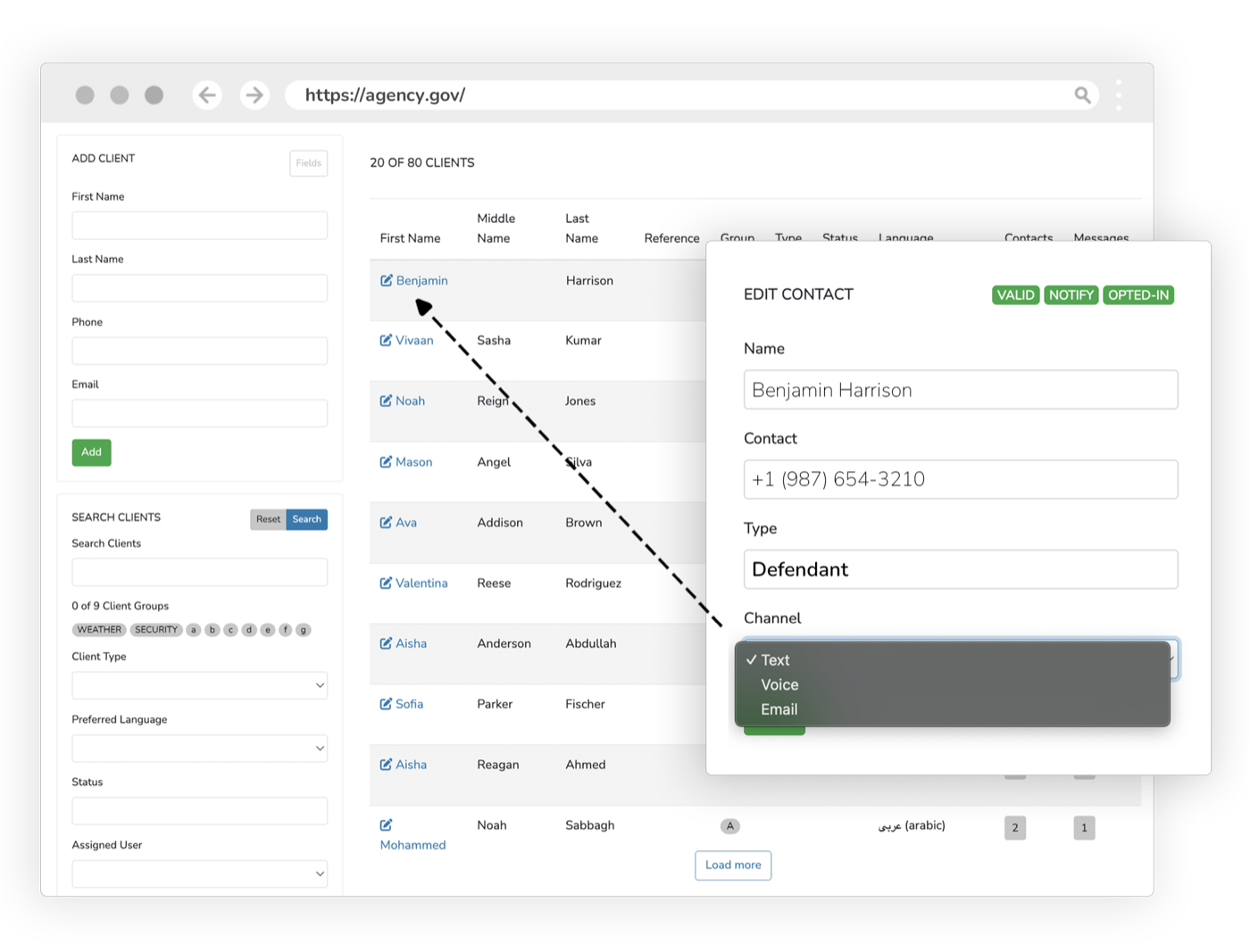 Client contact management interface showing defendant profile, contact information, and case history