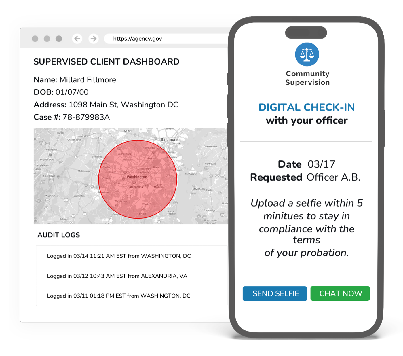 Community supervision client compliance dashboard showing geolocation check-ins, risk scores, and case status
