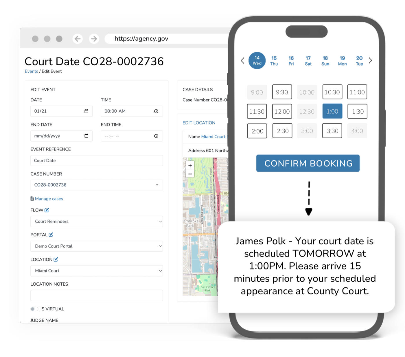Court date scheduling interface with an event setup form beside a self-service time-slot booking screen and automated appointment reminder