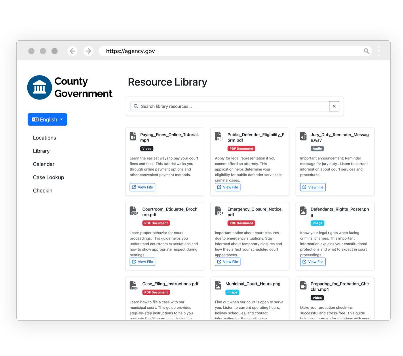 Court document and evidence file storage interface showing secure CJIS-aligned resource library