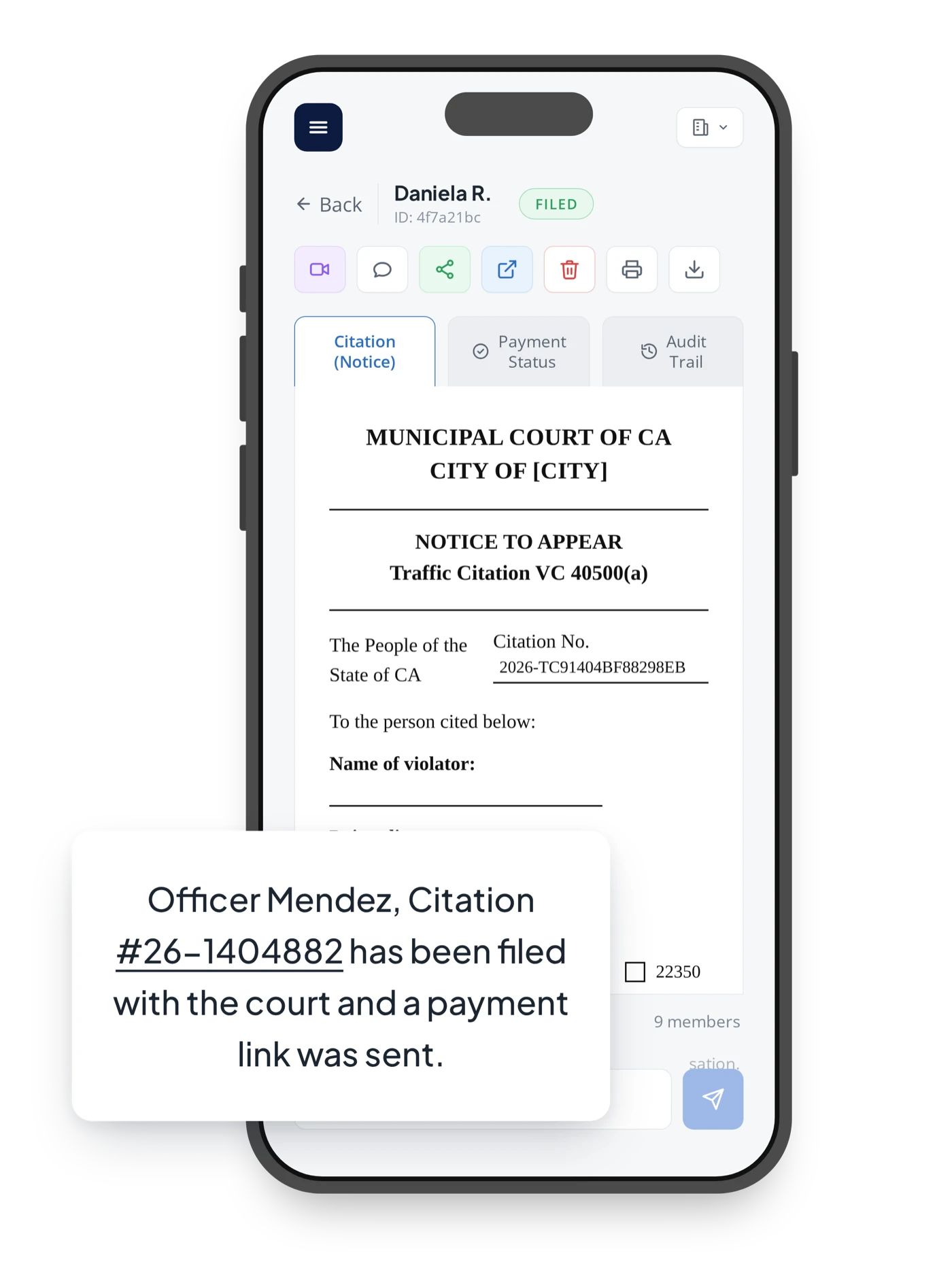 Filed electronic traffic citation on a phone with a notification that it was filed with the court and a payment link sent