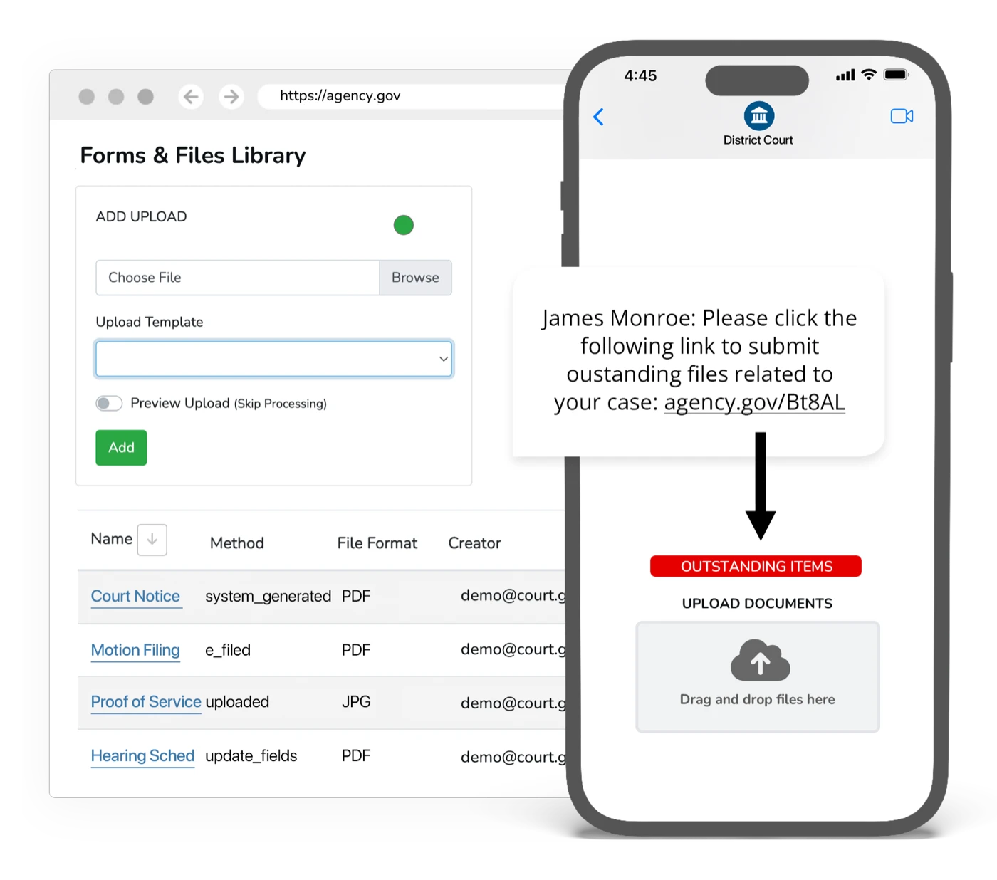 Court forms and files library with an upload form beside a phone prompting a litigant to submit outstanding case documents
