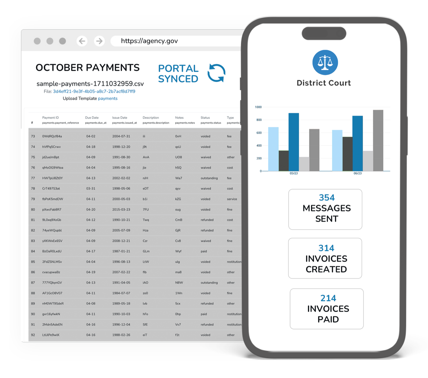 Court fine and fee payment portal showing balance sync, payment reminders, and GovPayPlan integration