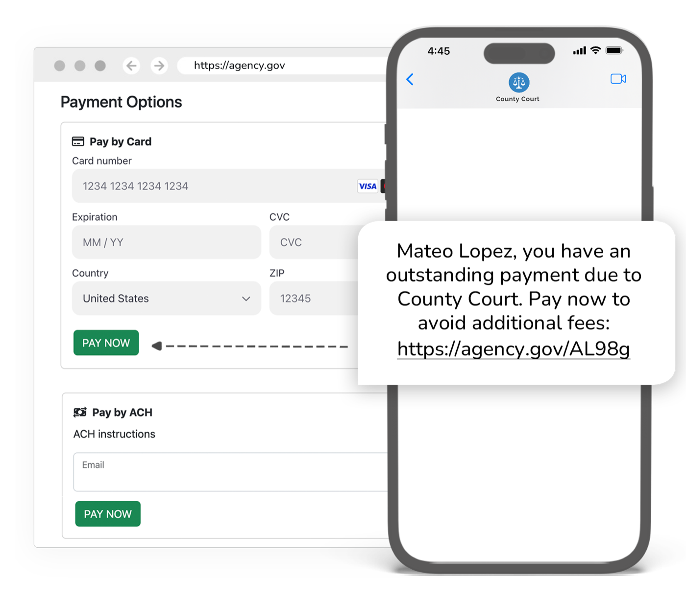 Court fines and fees payment reminder interface showing automated collection notices and payment plan tracking
