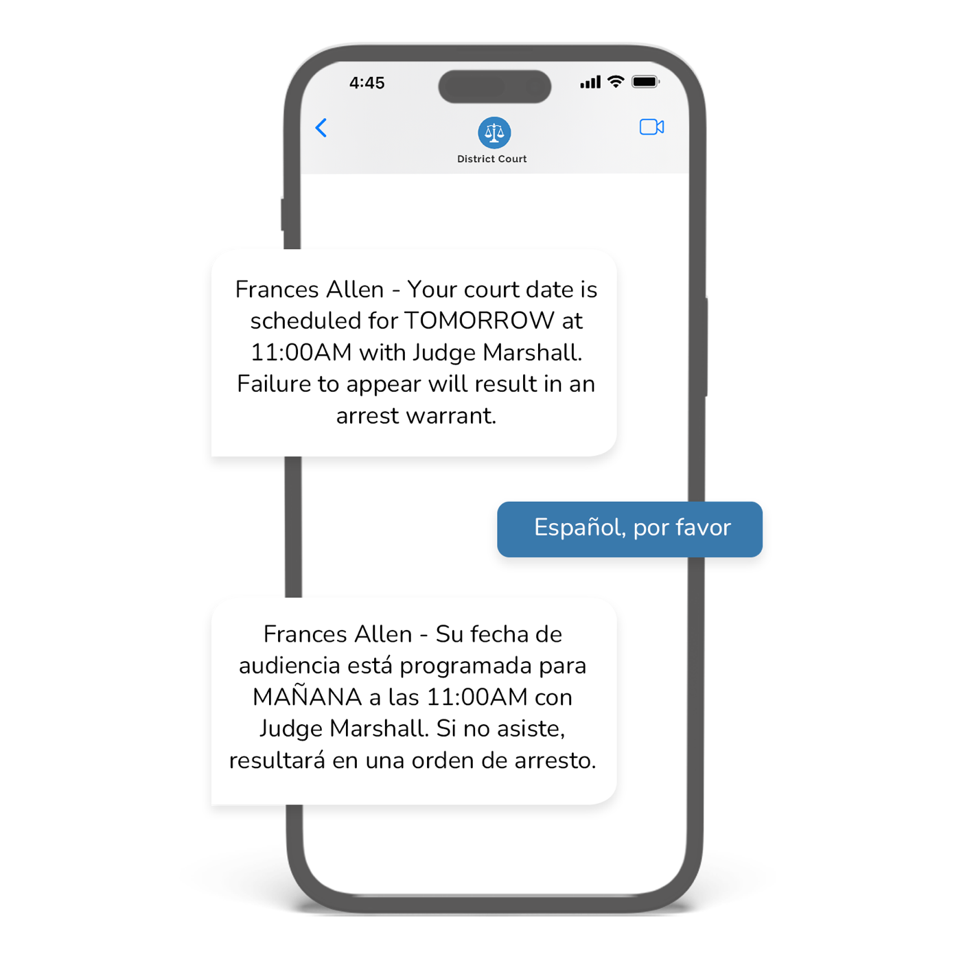 Court reminders messaging dashboard showing automated SMS, email, and voice notification templates for court dates