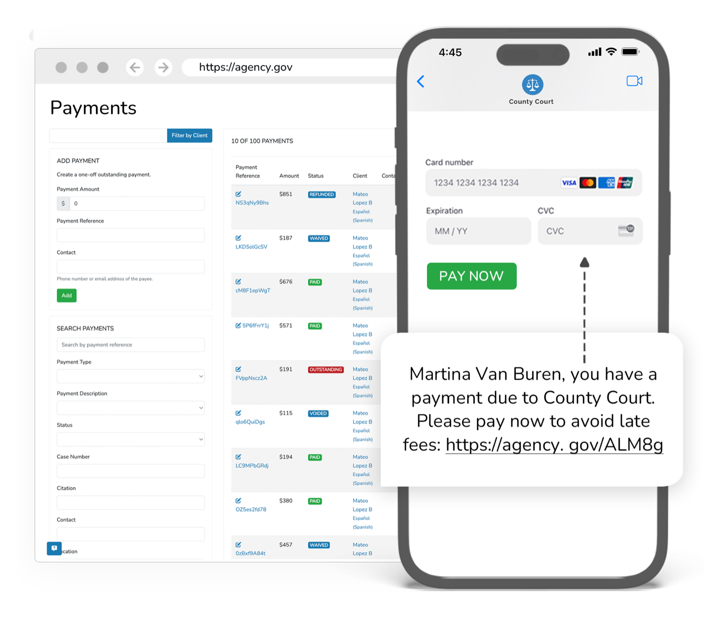 Court restitution payment alert management showing victim notifications, balance tracking, and payment reminders