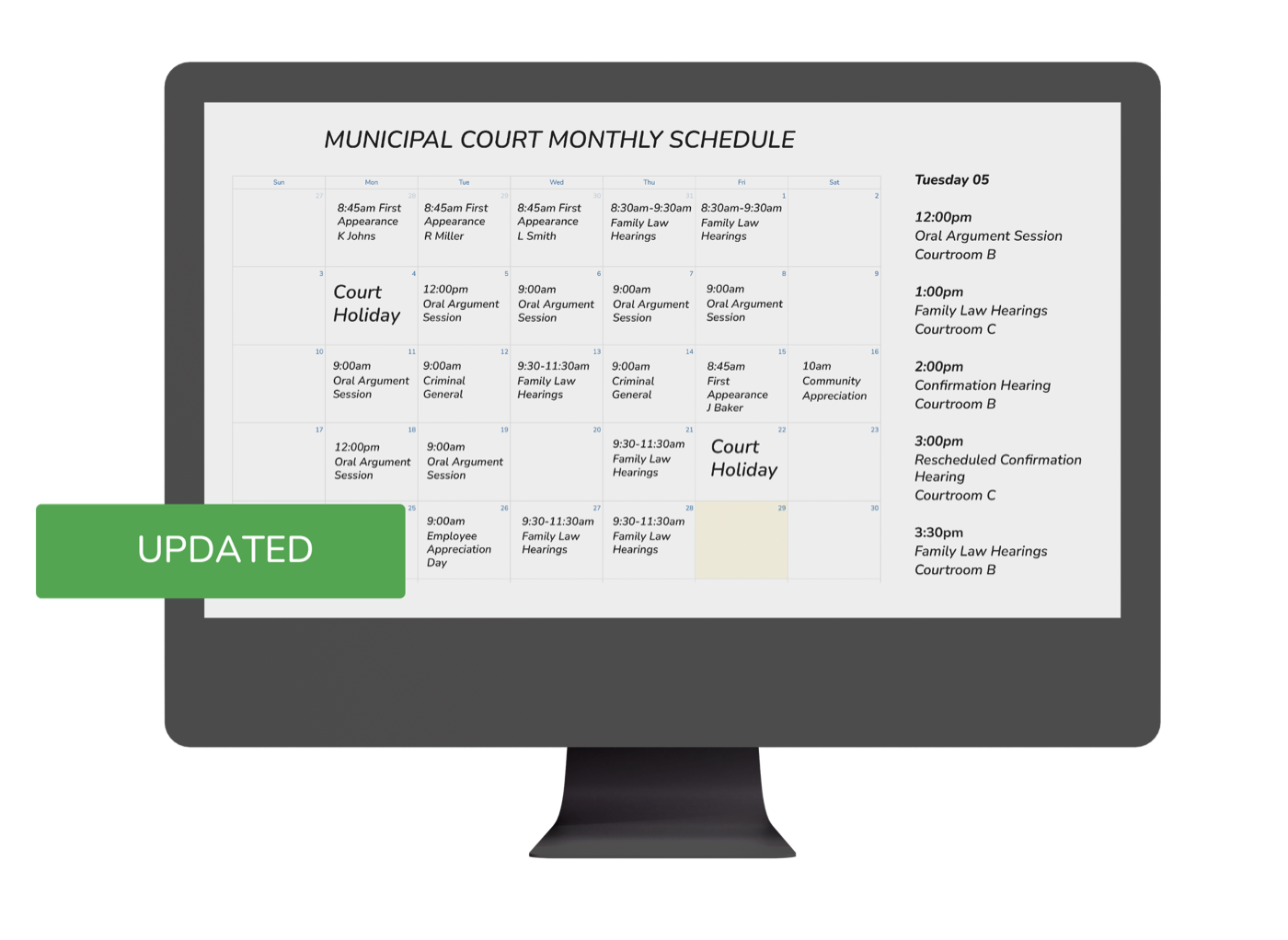 Court scheduling and calendar management interface showing hearings, event groups, and real-time availability