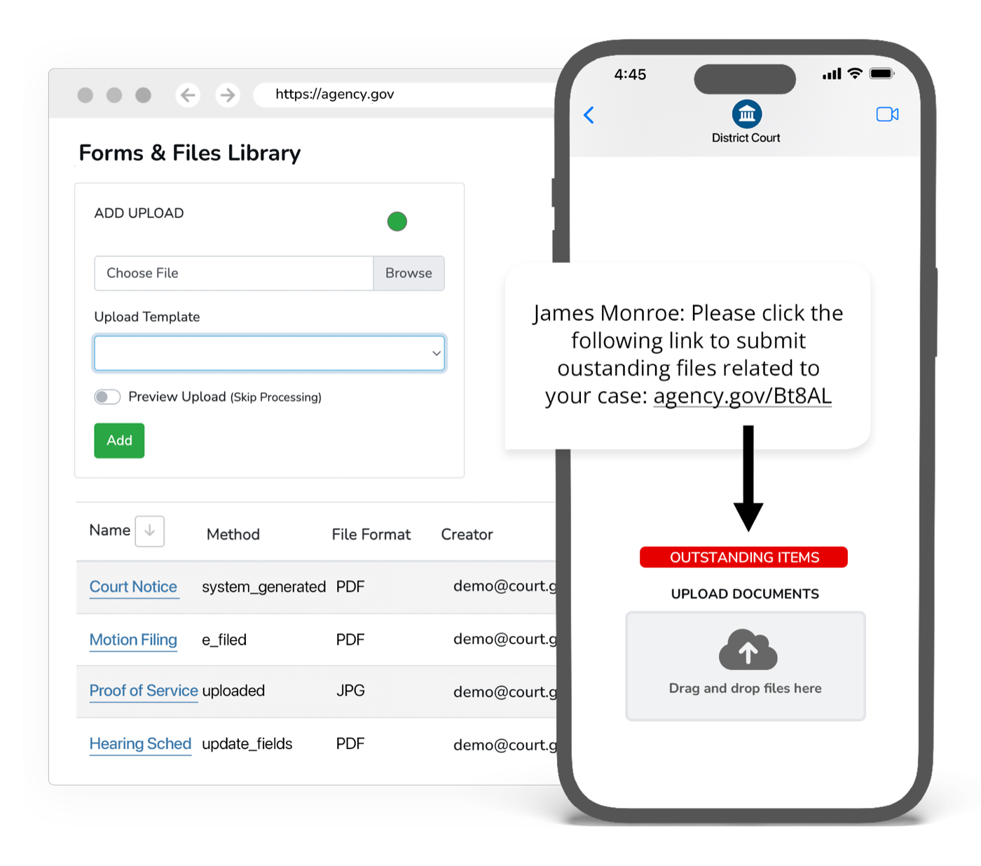 Court document generation interface showing template-based notices, e-signature collection, and batch delivery