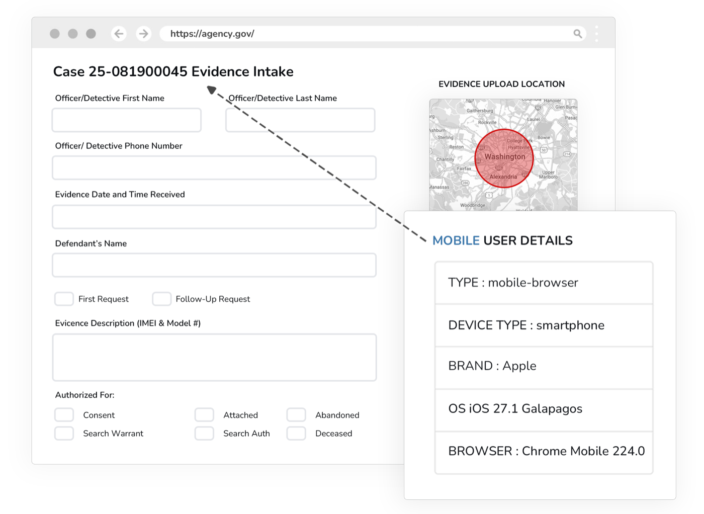 Digital evidence intake management system showing evidence upload forms, chain of custody, and categorization