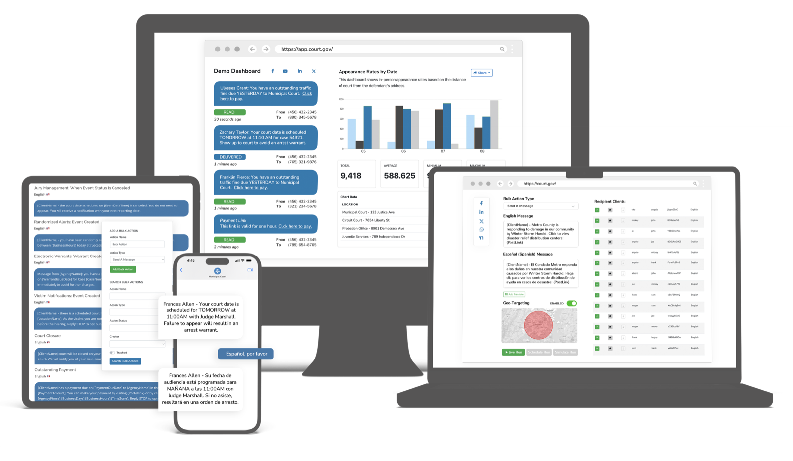 eCourtDate case management platform showing unified case records, events, and document management across the justice system