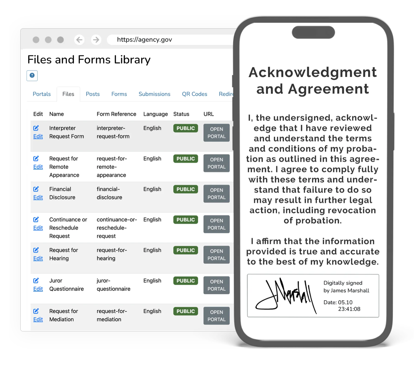Electronic court filing interface showing e-signature agreement workflow and document submission process