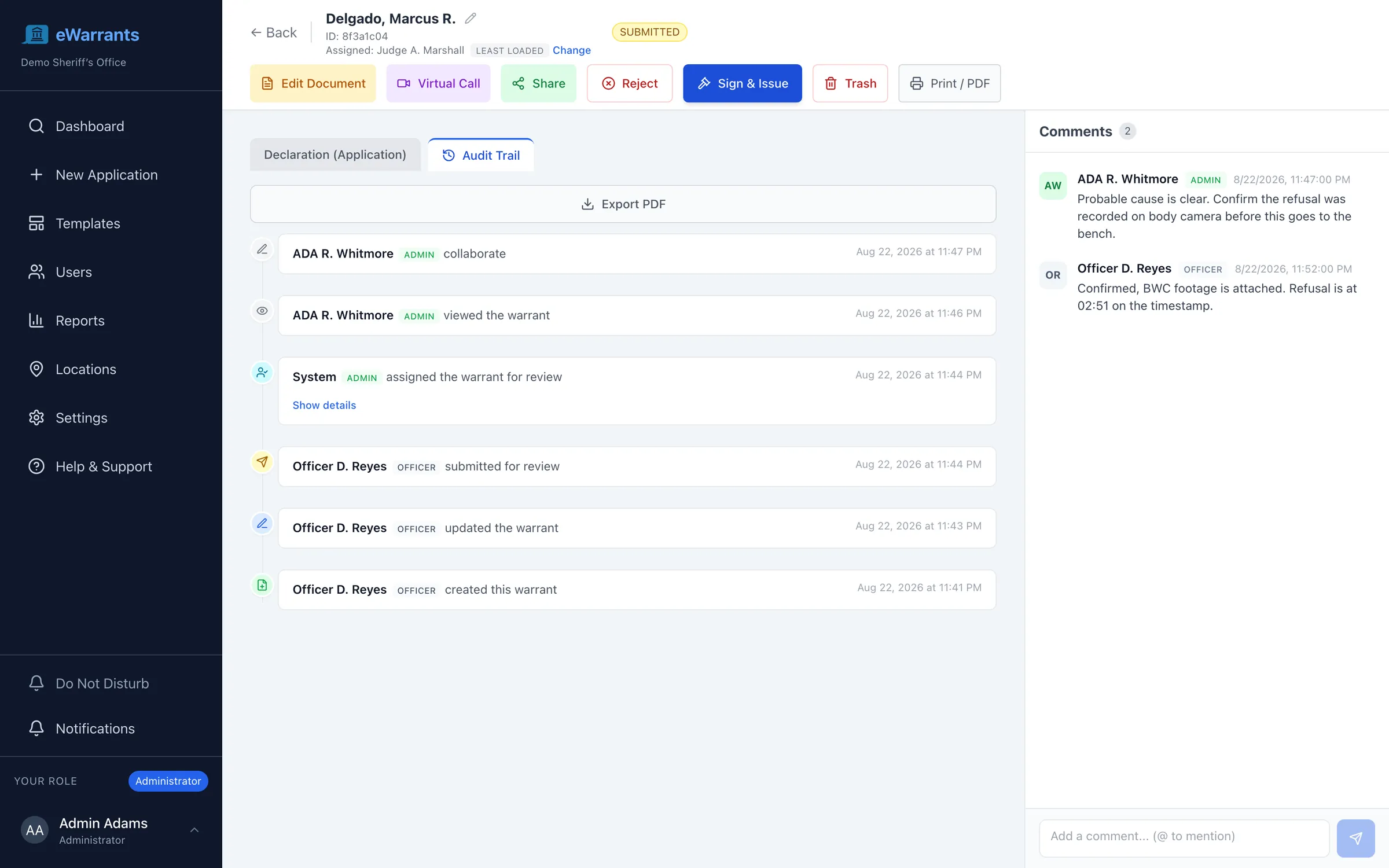 The audit trail tab of a warrant, listing in reverse order that a prosecutor commented and viewed it, the system assigned it for review, and the submitting officer submitted, updated, and created it, each entry naming the person, their role, and the timestamp