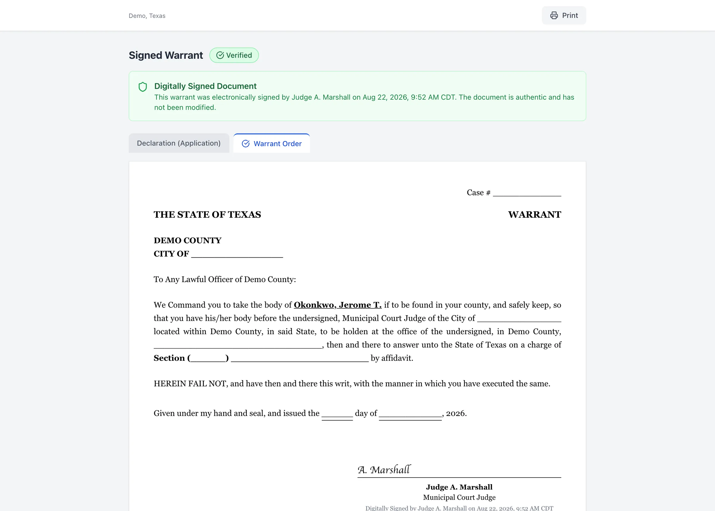 The public view of a signed warrant, headed Signed Warrant with a Verified badge and a notice that the document was electronically signed by the named judge on a given date and has not been modified, above the warrant order and the judge’s signature