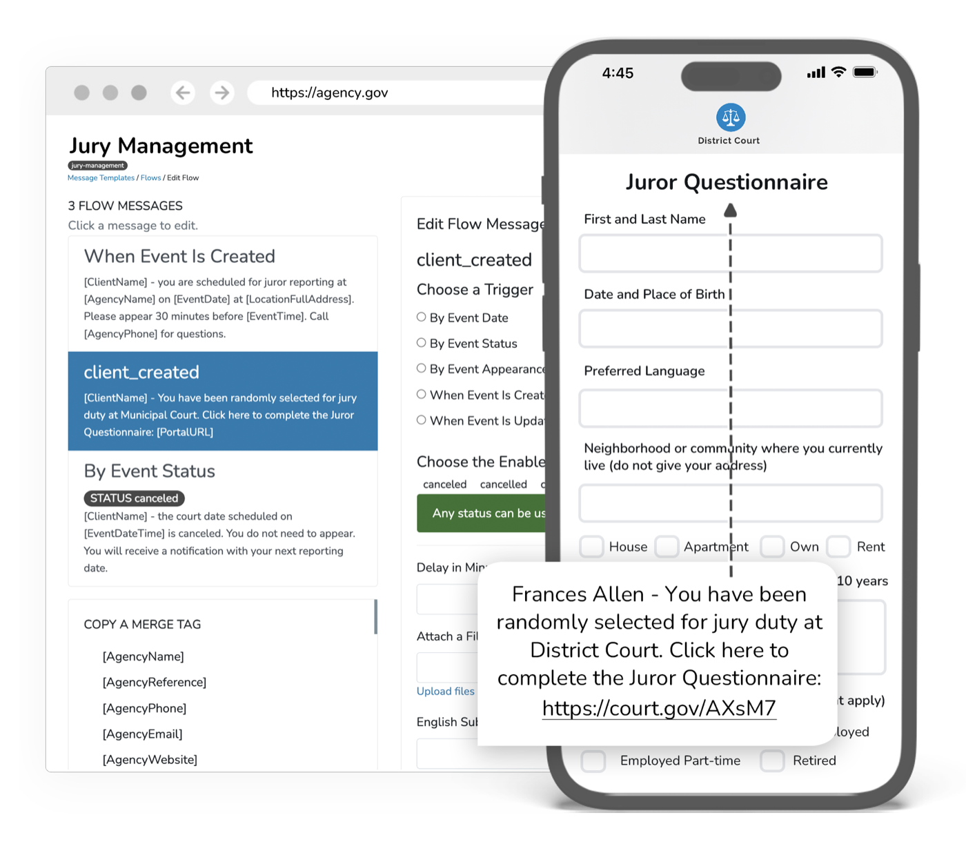 Jury management system showing juror questionnaires, summons tracking, and digital jury pool management