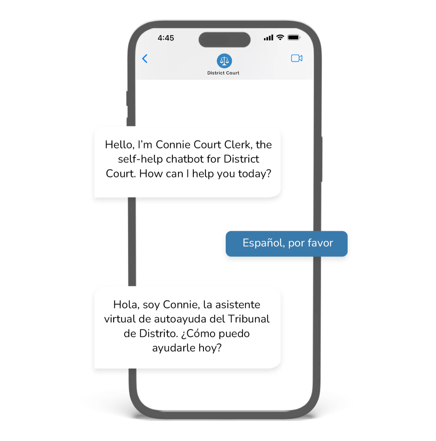 Multilingual AI chatbot interface for courts showing automated responses in multiple languages for case status, court dates, and payment questions