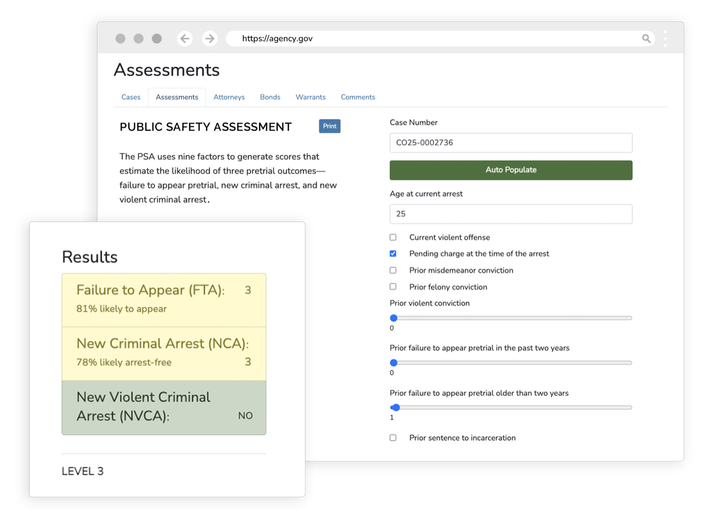 Pretrial risk assessment interface showing public safety scoring, case factors, and structured decision-making tool