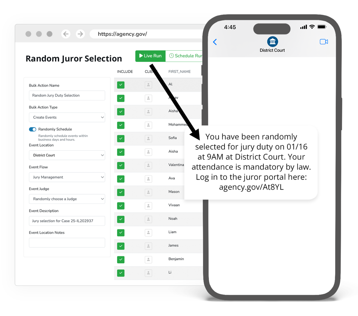 Random juror selection screen scheduling jury duty events beside a text message telling a juror they were randomly selected, with a link to the juror portal