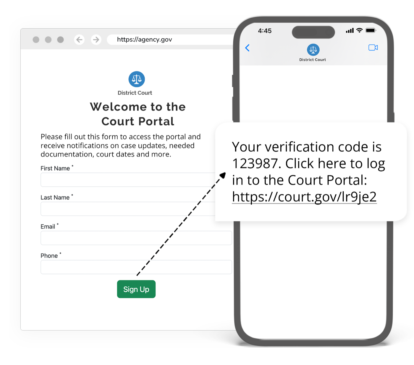 Self-service court portal interface showing case lookup, document access, and hearing information