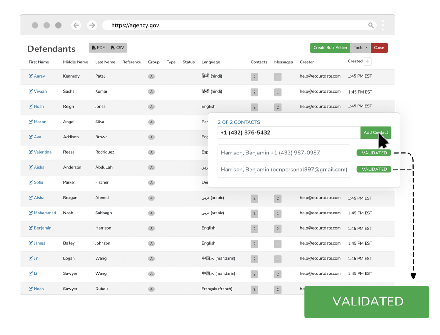 Address verification interface showing validated defendant contact records and mailing address confirmation