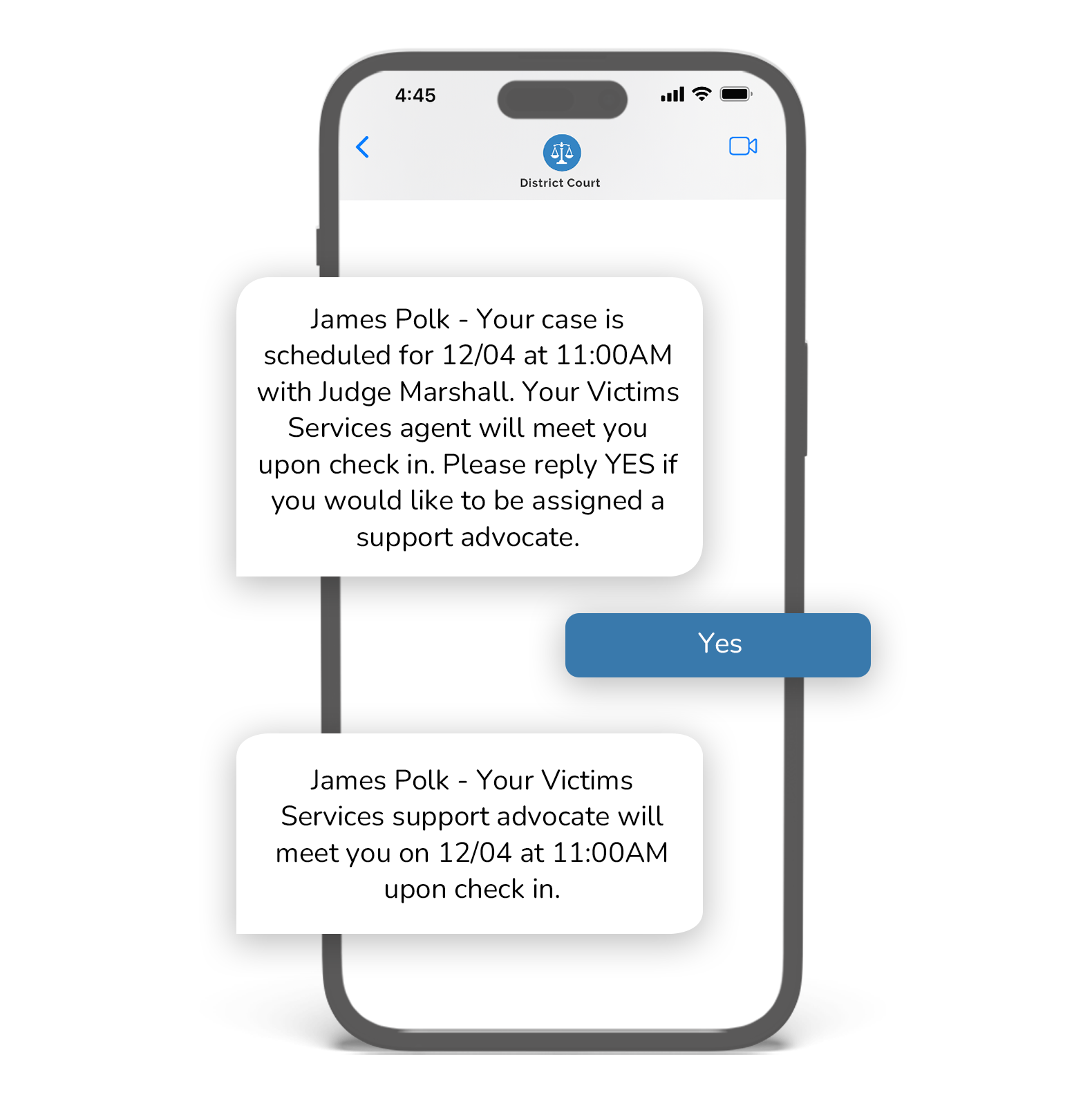 Victim services text messages showing a court date notification with an offer to assign a support advocate and the recipient confirming by reply