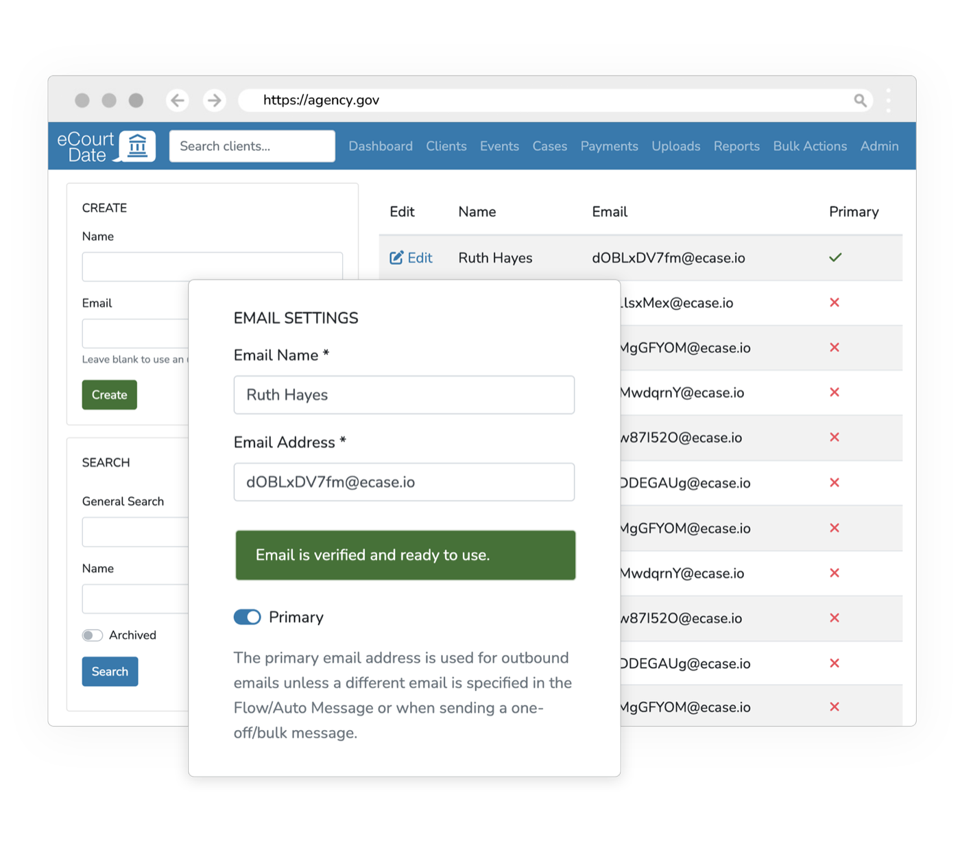 Virtual phone number and email address setup interface for court outreach and inbound routing