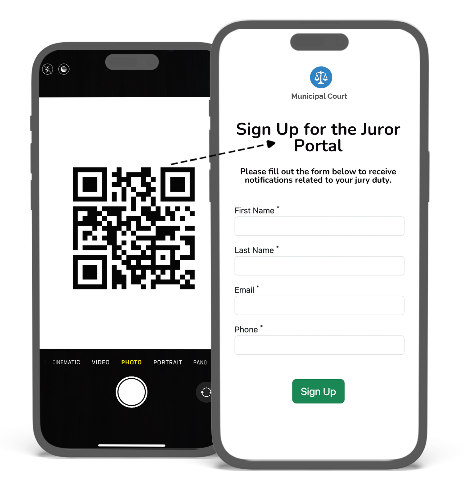 Self-service web portal for municipal courts showing case lookup, payment options, and public-facing court information