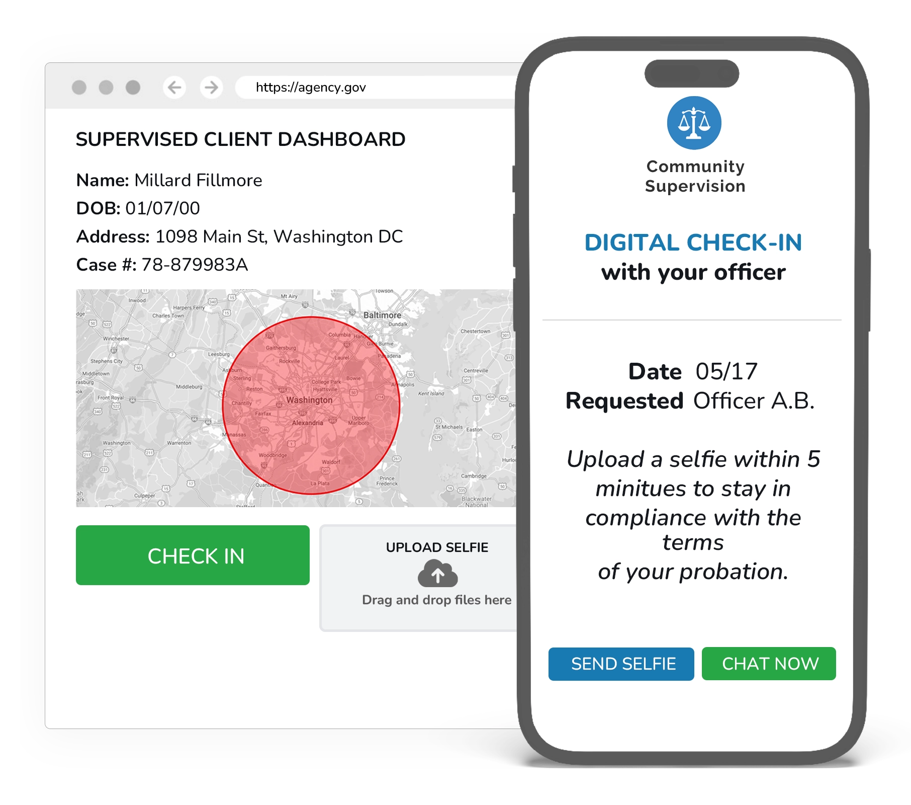 Community supervision compliance dashboard showing GPS check-in status, risk scores, condition reminders, and officer caseload overview
